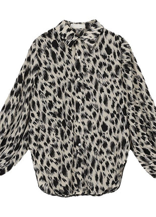 Retro Leopard Print Loose Fit Polyester Long-Sleeve Polo Collar Women's Blouse Shirt