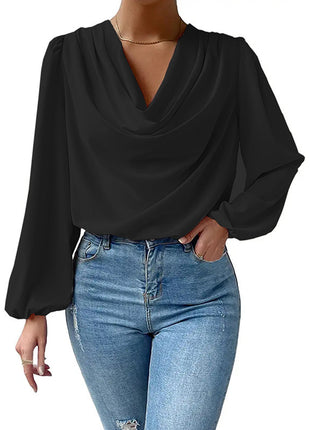 Elegant V-Neck Chiffon Blouse, Long Sleeve Loose Fit European Women's Top