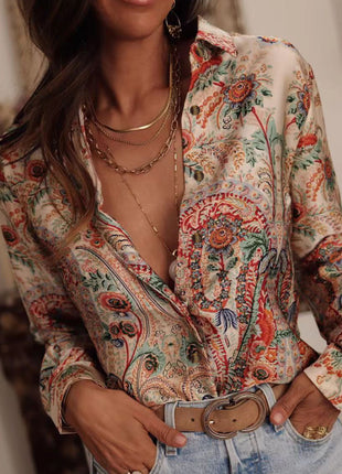 Stylish Women's Summer Printed Short Sleeve Lapel Casual Blouse Shirt