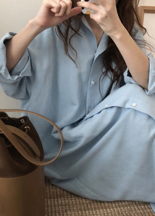 Chic Korean Oversized Maxi Long Sleeve Shirt Dress - Plus Size Autumn Fashion