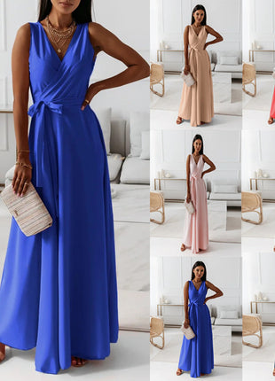 Elegant European V-Neck Long Dress with Tie Waist, Sleeveless, A-Line Skirt