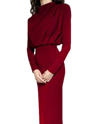 Elegant Women's Long-Sleeve Fitted Waist Casual Midi Dress European Style