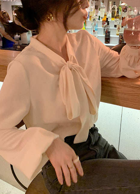 Elegant Women's Loose Bow-Knot White Top, Chic Long Sleeve Pullover