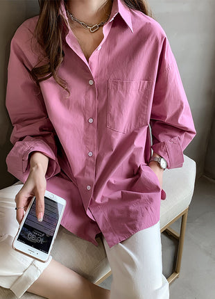 Women's Casual Loose Fit Plus Size Solid Color Button-Down Long Sleeve Blouse Shirt