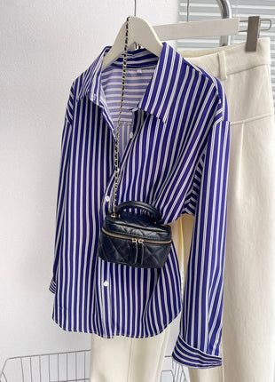 Chic European City Style Striped Oversized Long-Sleeve Casual Polyester Shirt