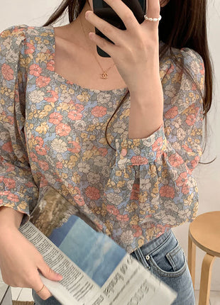 Chic Korean Style Floral Print Shiffon Blouse with Square Neckline
