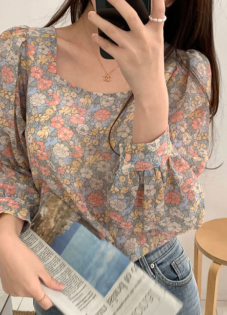 Chic Korean Style Floral Print Shiffon Blouse with Square Neckline