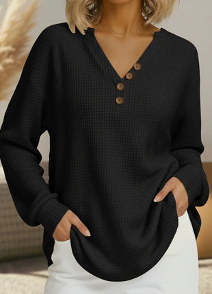 Women's Demi-Season Waffle Knit V-Neck Button Long-Sleeve Leisure Sweatshirt Top