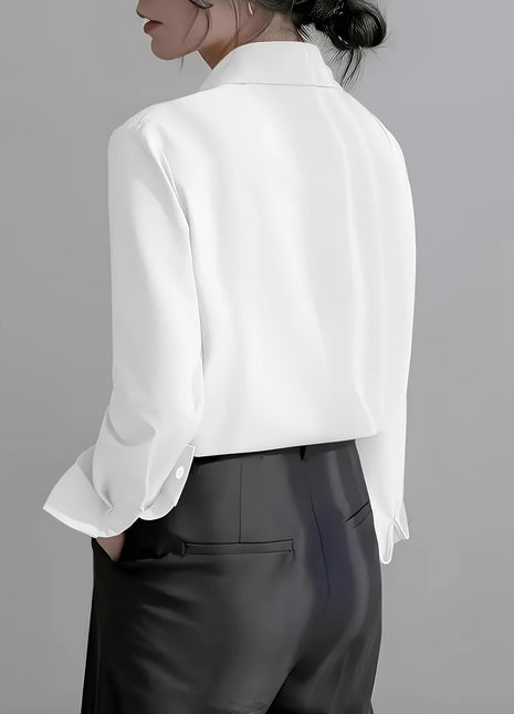 Elegant Commuter Long-Sleeve Button-Up Shirt - Pure Color Polyester Blend