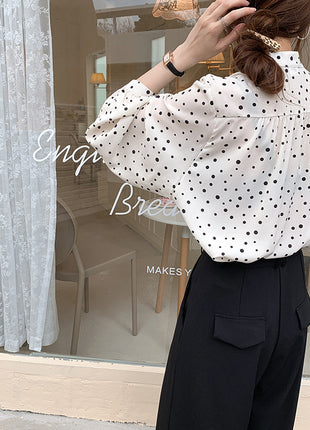 Chic Korean Polka Dot Chiffon Long-Sleeve Blouse with Elegant Lantern Sleeves