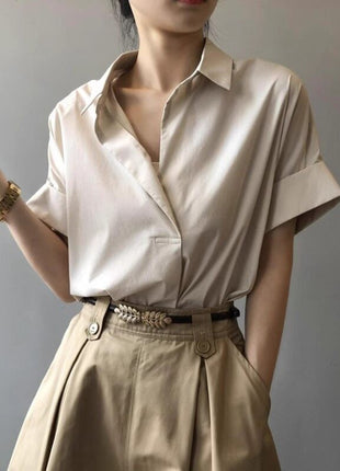 Chic Summer V-Neck Short Sleeve Blouse Loose Fit Retro Style Women's Shirt