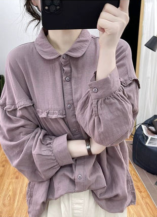 Women's Pure Cotton Loose Fit Ruffle Collar Long-Sleeve Spring Summer Shirt