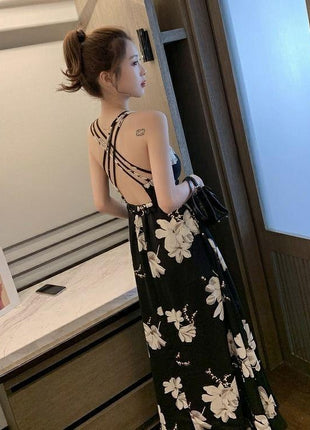 Chic Korean Style Backless Midi Beach Dress - Flowy Printed Summer Sundress
