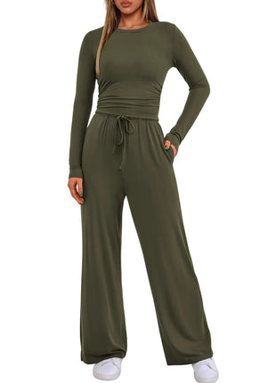 Women's Casual Polyester Long-Sleeve T-Shirt & Pants Set European Style