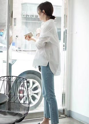 Dan Daiqi Korean Style White Cotton Loose Long-Sleeve Shirt for Women