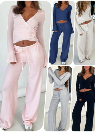 Women's Cozy Fleece Long-Sleeve Top & High Waist Drawstring Trousers Set