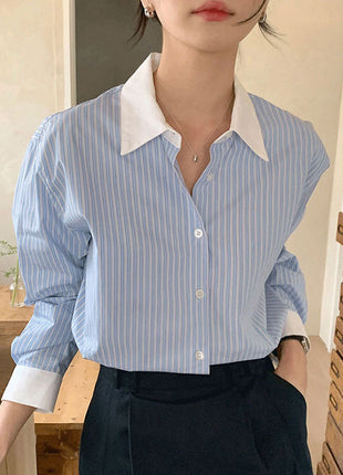 Korean Style Oversize Striped Long-Sleeve Lapel Cardigan Shirt for Women