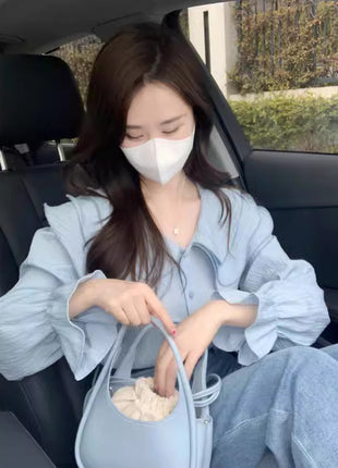 Playful Blue Doll Collar French Style Loose Fit Women's Summer Shirt