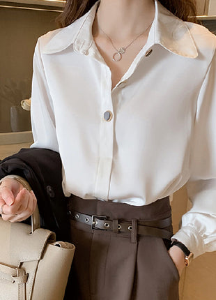 Chic Spring White Loose Fit Western Style Plus Size Long Sleeve Shirt