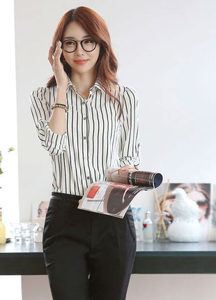 Women's Slim Fit White Long-Sleeve Stripe Polyester Professional Blouse Shirt