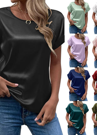 Chic Ladies Satin Round Neck Short Sleeve T-Shirt Blouse Straight Fit Solid Color