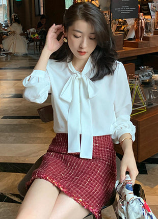 Elegant Women's Loose Bow-Knot White Top, Chic Long Sleeve Pullover