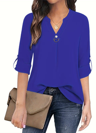 Stylish V-Neck Long-Sleeve Leisure Shirt for Women - European Button-Down