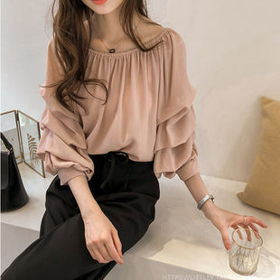 Korean Style Off-Shoulder Chiffon Long-Sleeve Shirt Loose Fit Elegant Top