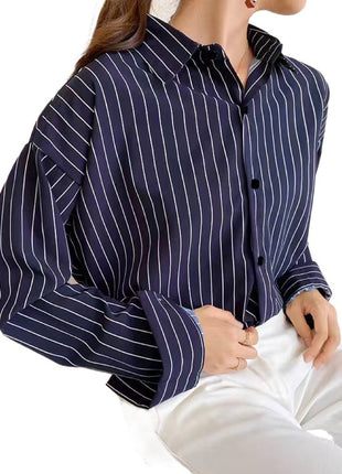 Chic Striped Loose Fit Women's Long Sleeve Polo Collar Autumn Shirt