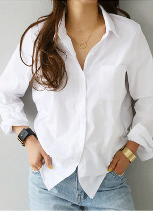 Elegant Solid Color Long-Sleeve Lapel Button-Up Loose Fit Women's Shirt