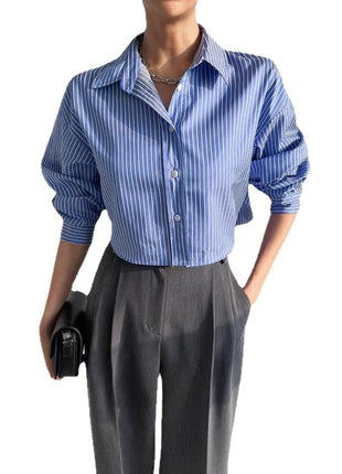 Chic Korean Style Striped Cropped Long Sleeve Polyester Shirt for Women