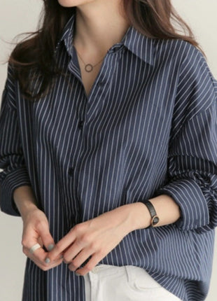 Stylish Blue Striped Loose Fit Long Sleeve Button-Down Shirt for Women