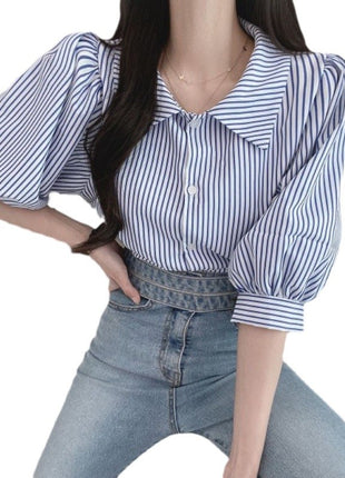Women's Retro Striped Five-Point Sleeve Summer Shirt Loose Casual Polo Collar Blouse
