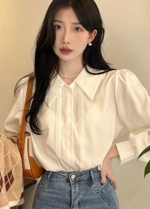 Chic Women's Long Sleeve Polo Collar Shirt - Elegant White, Versatile Style Top