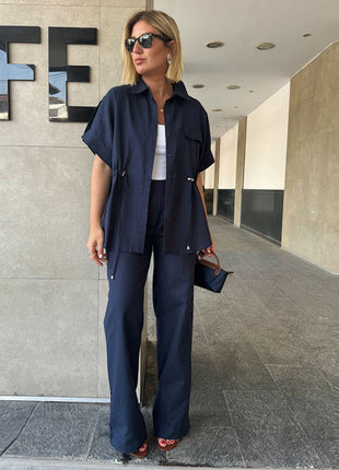 Comfortable Women's European Style Drawstring Short Sleeve Shirt & Long Pants Set
