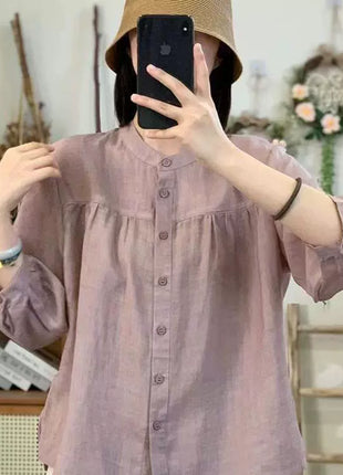 Breathable Cotton Linen Blend Seven-Sleeve Casual T-Shirt for Women