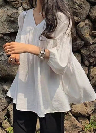 Chic Korean Style V-Neck Blouse: Loose Fit, Puff Sleeves, Polyester Comfort