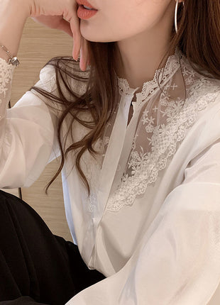 Elegant Lace Chiffon Blouse, Long Sleeve Slim Fit Women's Stylish Top