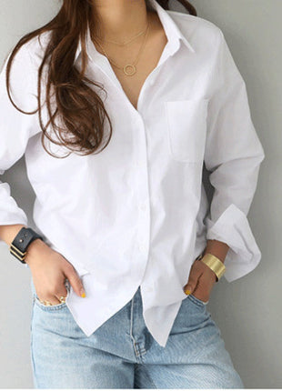 Elegant Solid Color Long-Sleeve Lapel Button-Up Loose Fit Women's Shirt