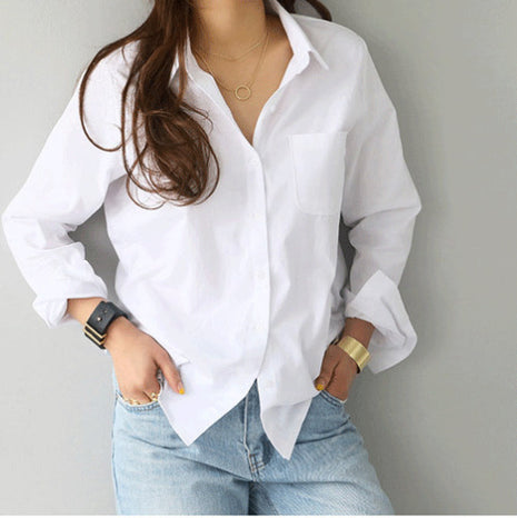 Elegant Solid Color Long-Sleeve Lapel Button-Up Loose Fit Women's Shirt