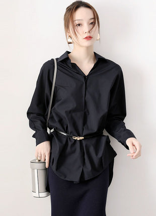 Women's Korean Style Flowy Anti-Wrinkle Long-Sleeve Shirt, Loose Fit Drape Blouse