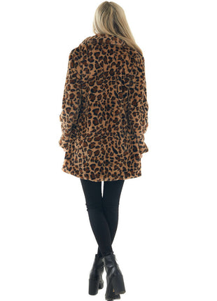 Chic Leopard Print Faux Fur Loose Fit Women's Winter Jacket European Style