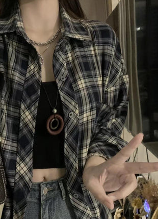 Chic Retro Plaid Long-Sleeve Button-Up Casual Shirt Jacket for Women