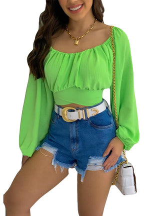 Chic Women's Puff Sleeve Off Shoulder Crop Top Blouse Tie-Front