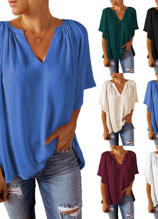 Women's Oversize V-Neck Chiffon T-Shirt European Style Casual Summer Top