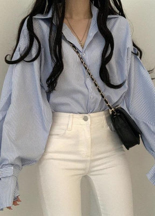 Korean Preppy Loose Fit Striped Lantern Sleeve Blouse Women's Autumn Spring Top