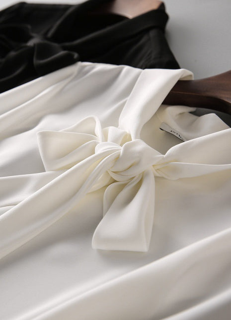 Elegant Korean Chic V-Neck Blouse with Ribbon Tie - Long Sleeve Solid Shirt