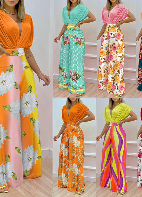 Women's European Style Printed Bat-Sleeve Top & Wide-Leg Pants Set