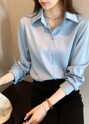 Elegant Women's White Chiffon Long-Sleeve Blouse - Chic Autumn Shirt Top