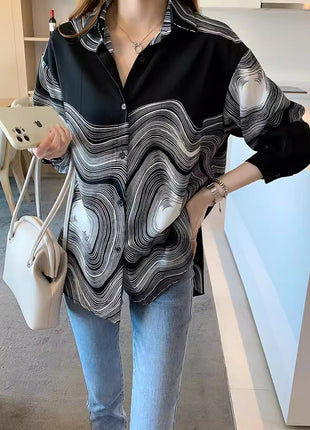 Chic Korean Loose Wave Pattern Long Sleeve Women's Autumn Blouse Top